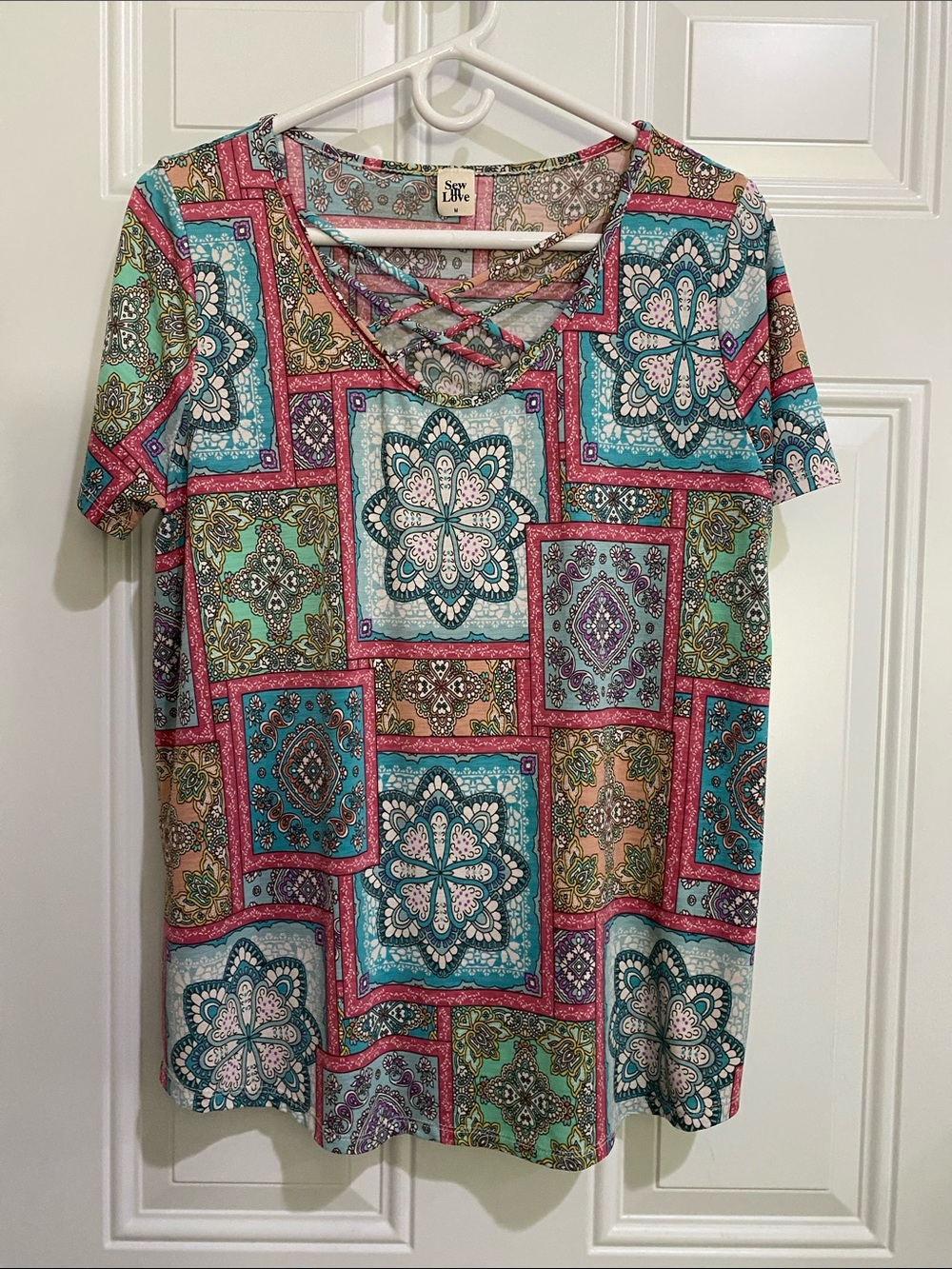 Sew In Love Multicolor Patchwork Medallion Short Sleeve Top with Crisscross Neck